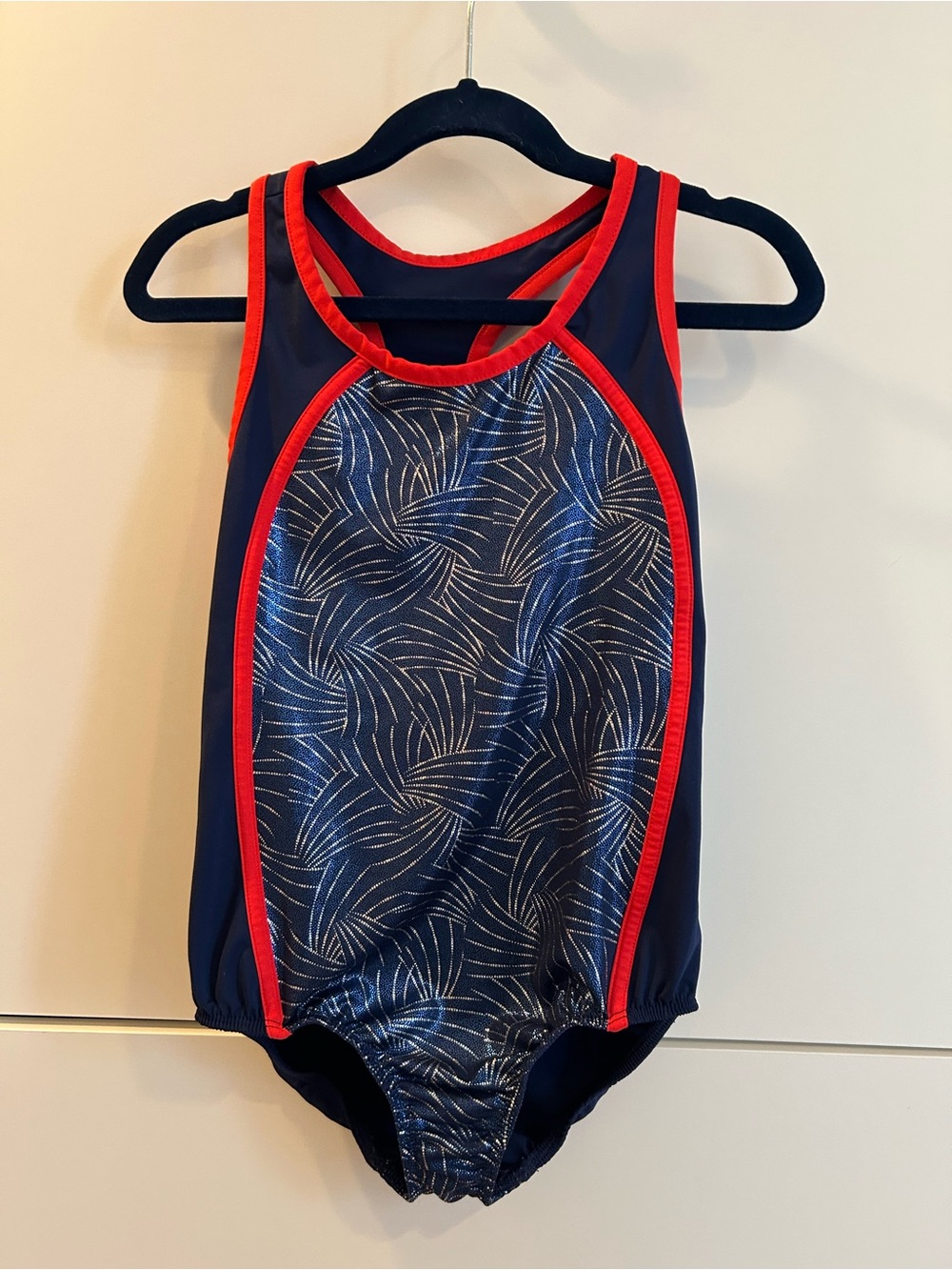 Danskin Navy Dance Leotard with Red Trim and Sparkle detail - Size M (7/8) - Picture 2 of 8